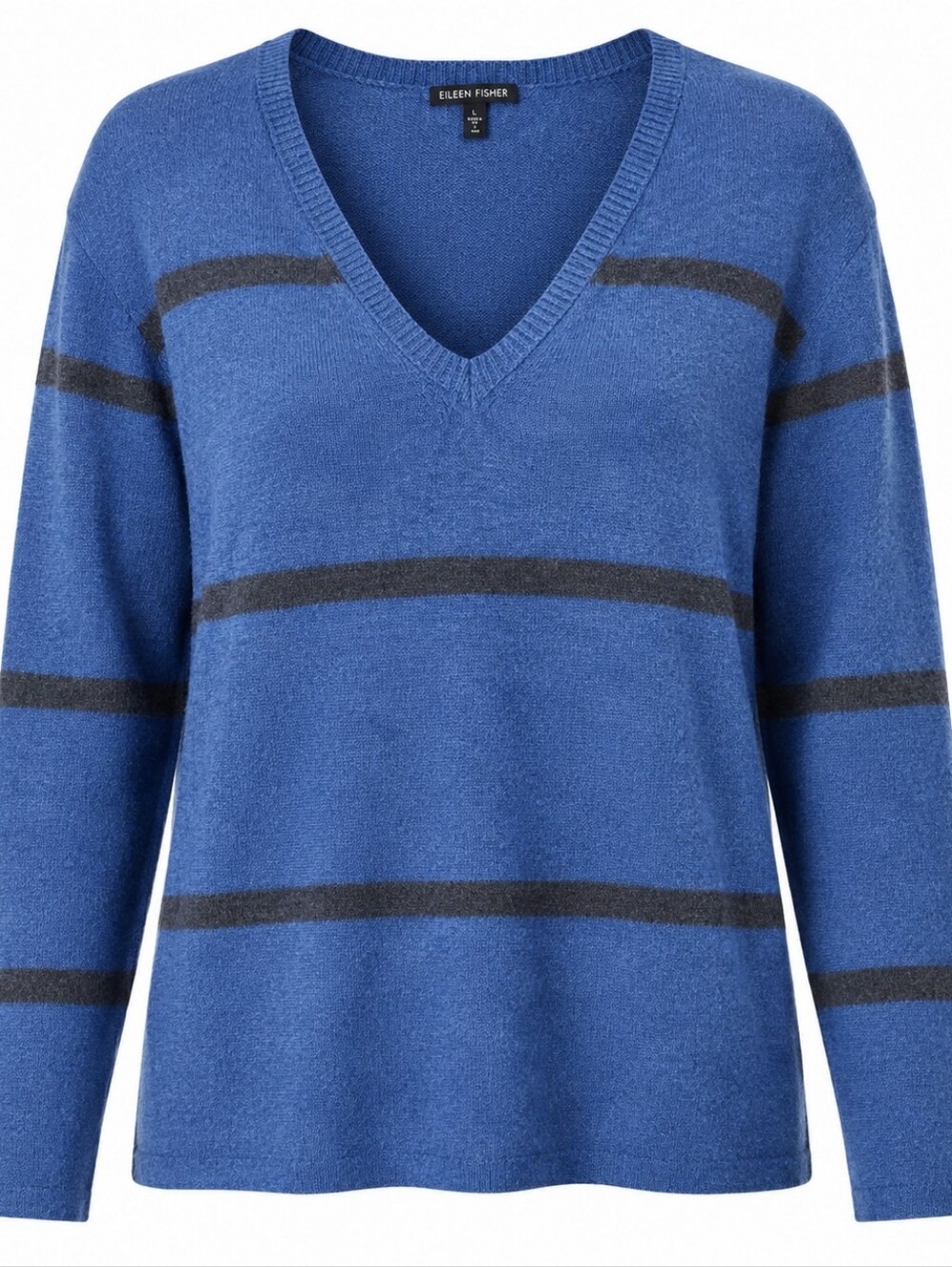 EILEEN FISHER | Italian Merino Wool Blue Grey Striped V-Neck Sweater | L